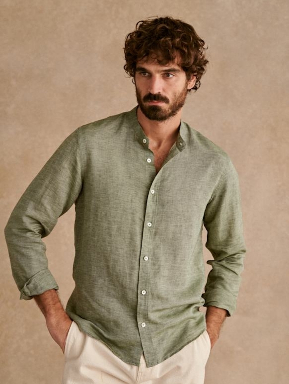 Octobre Editions Benny Collarless Shirt Green Linen Cotton Blend Size Large